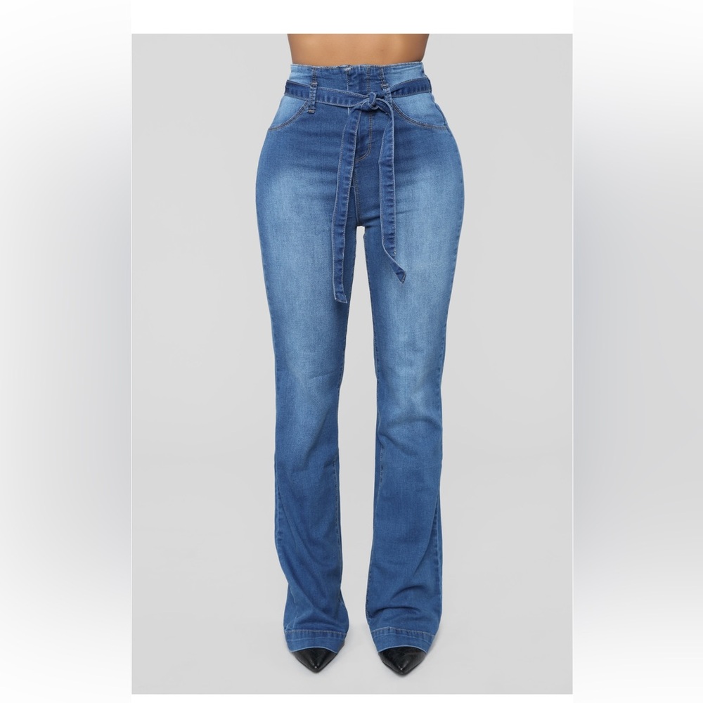 Fashion Nova Tanya Belted Flare Jeans.